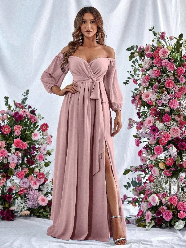 Off Shoulder Split Thigh Belted Chiffon A Line Dress