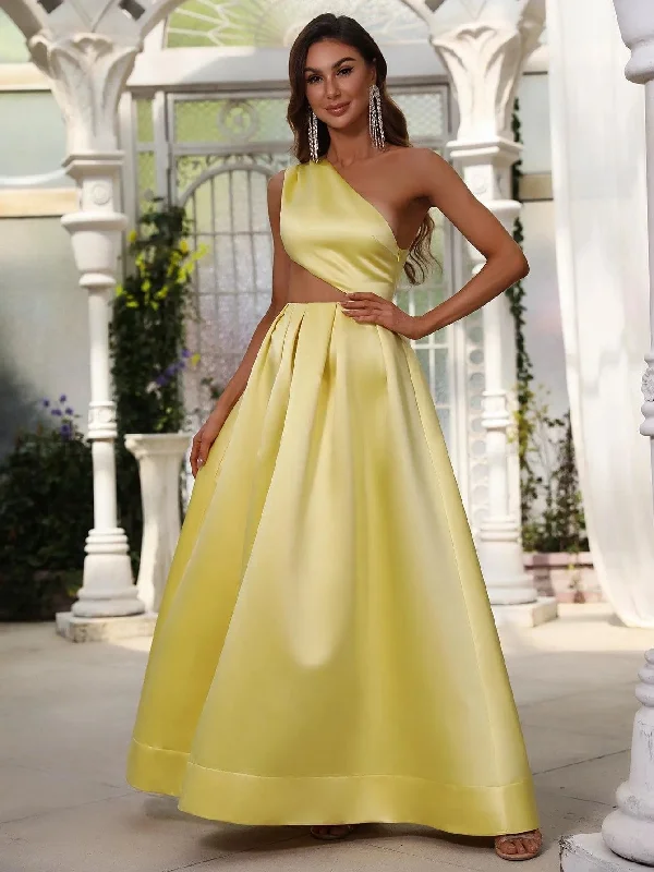 One Shoulder Cut Out Waist Satin Prom Dress