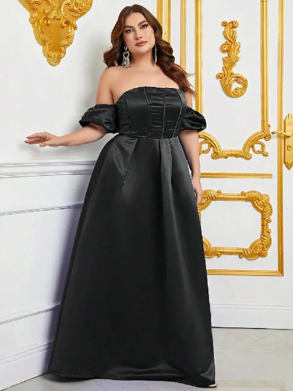 Plus Off Shoulder Puff Sleeves Ruched Bust Satin Prom Dress