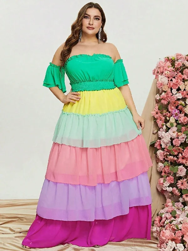 Plus Off Shoulder Ruffle Sleeve Chiffon Layered Dresses