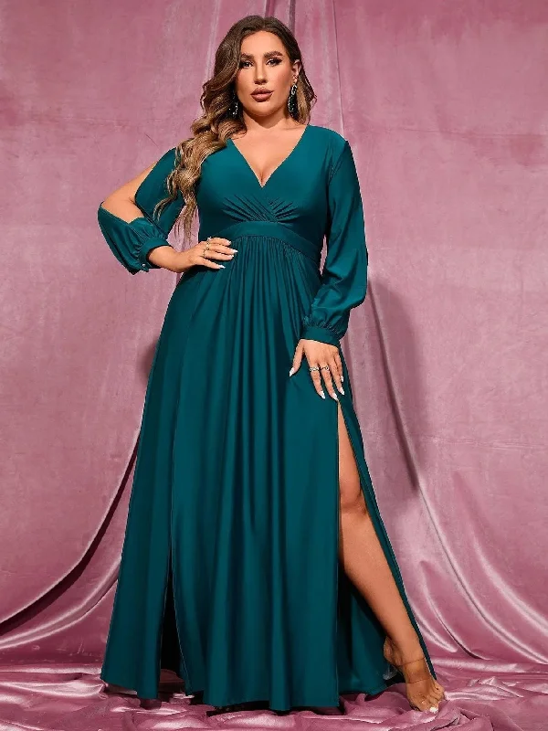 Plus Plunging Neck Lantern Sleeve High Slit Dress