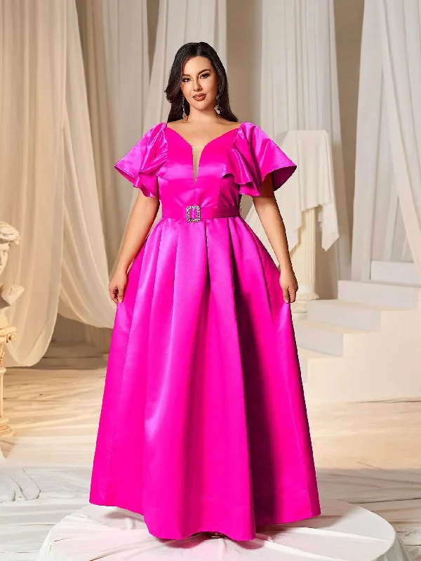 Plus Rhinestone Detail Ruffle Sleeve Satin Belted Dress