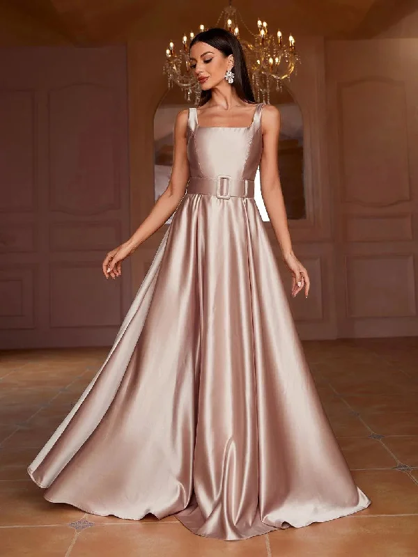 Square Collar Sleeveless Belt Satin Prom Dress