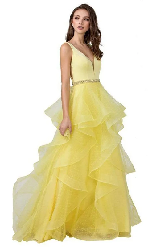 Trevi Collection - L2296 Deep V-Neck Tiered A-Line Dress