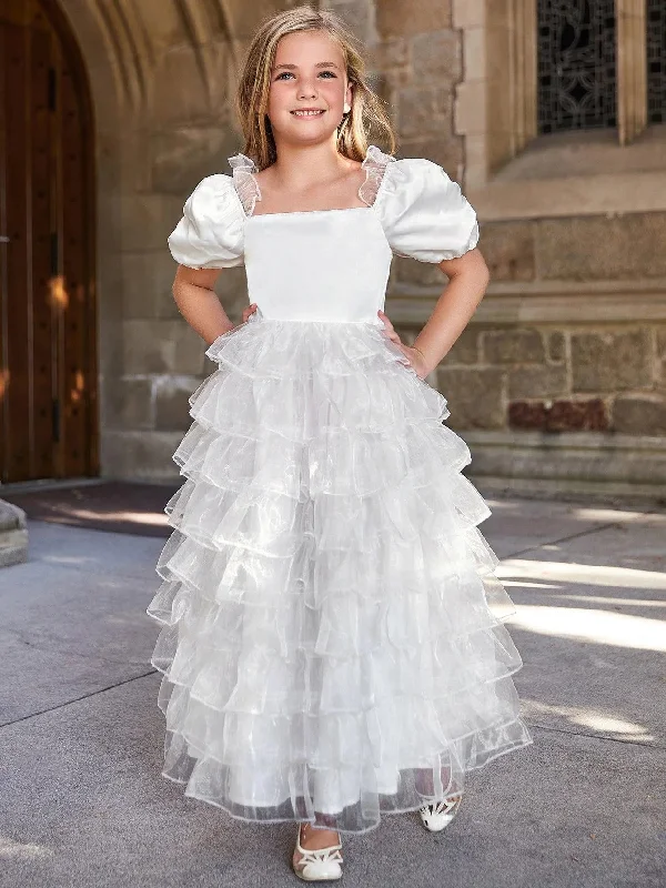 Tween Girls' Puff Sleeve Organza Layered Hem Cake Dress