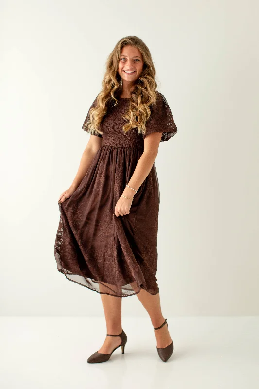 'Alyssa' Smocked Bodice Embroidered Floral Dress in Chocolate