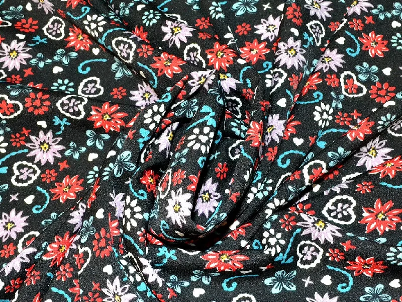 Black Red Floral Hearts Poly Crepe Fabric