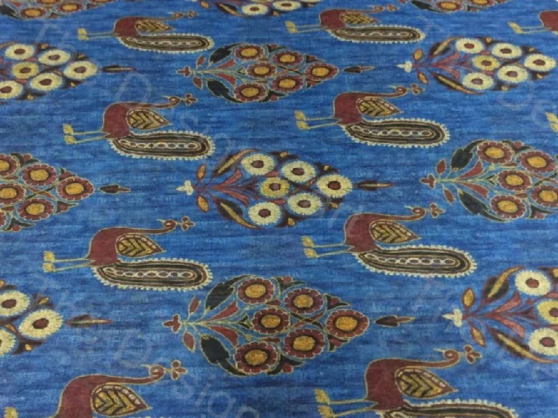 Blue Brown Peacock Design Printed Polyester Fabric