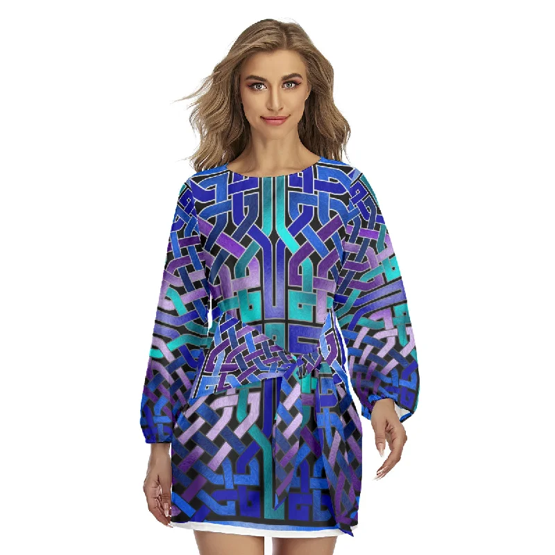 Blue Celtic Knot All-Over Print Women's Lantern Sleeve Dress