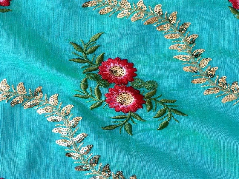 Blue Floral Design Chanderi Silk Fabric