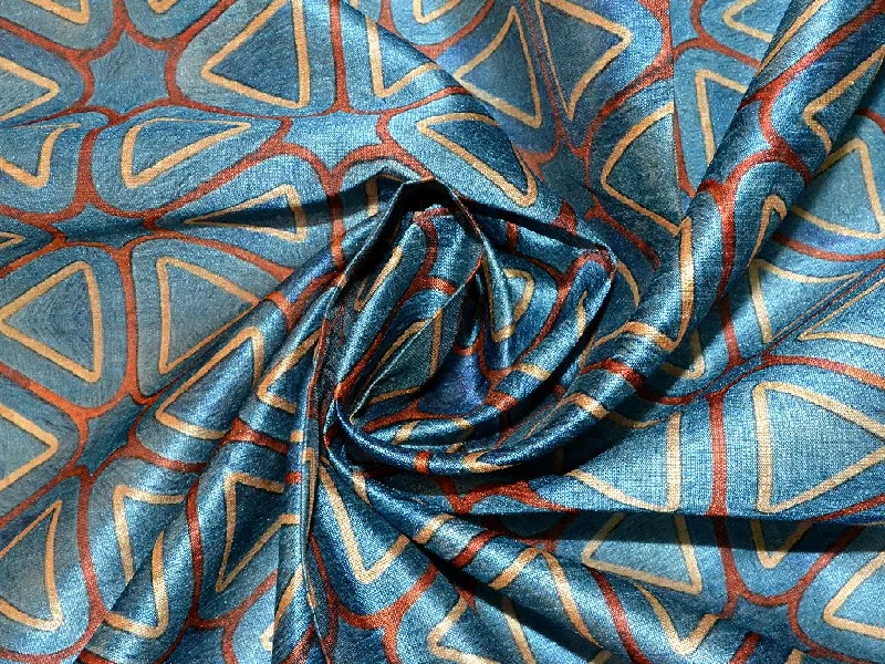 Blue Geometric Poly Silk Digitally Printed Fabric