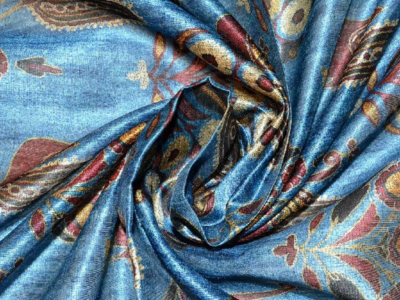 Blue Peacock Poly Silk Digitally Printed Fabric