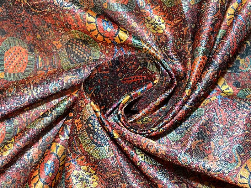 Brown Folklore Poly Silk Digitally Printed Fabric