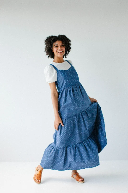 'Caprina' Printed Tiered Chambray Pinafore Dress in Deep Blue FINAL SALE