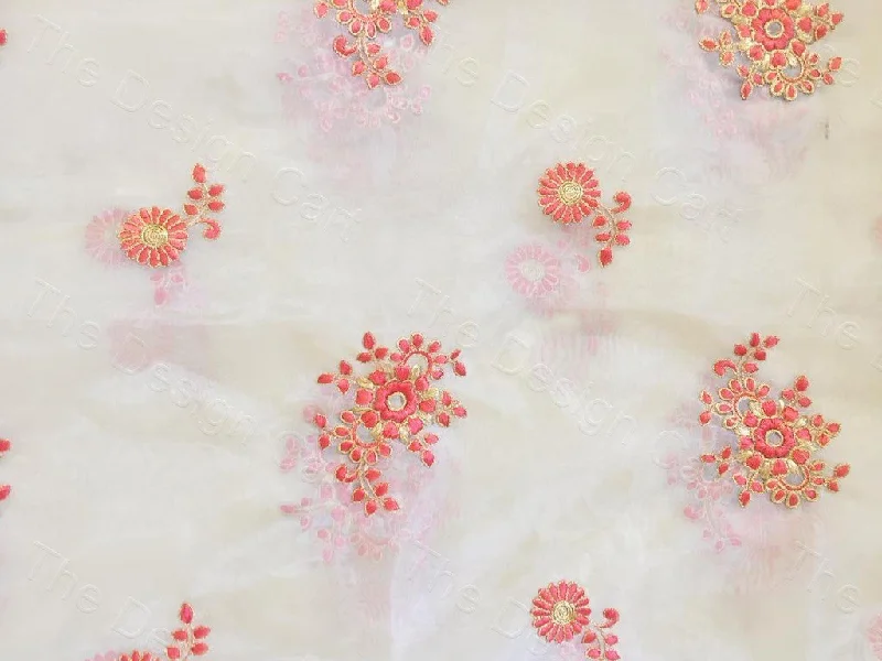 Cream Orange Floral Design Organza Fabric