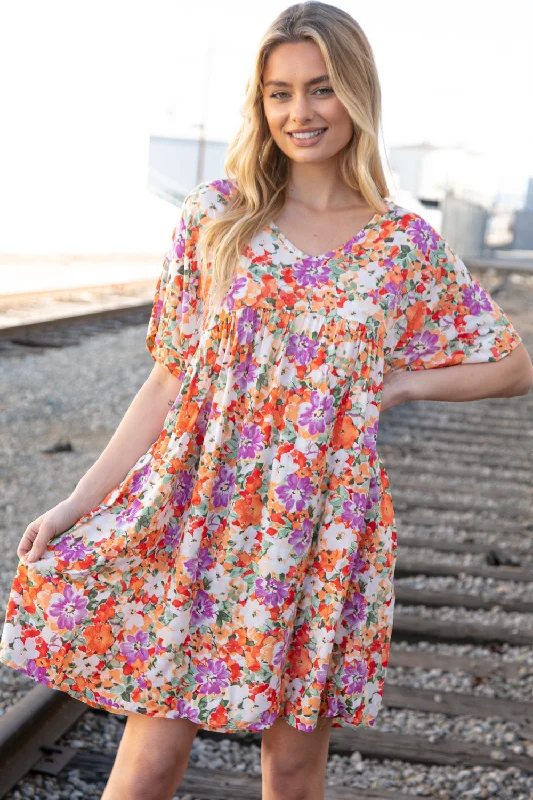 Floral Dolman Yoke Woven Shift Dress with Pockets