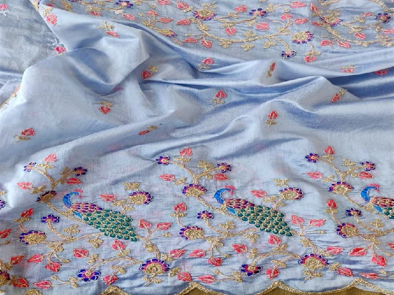 Gray Floral Design Chanderi Silk Fabric