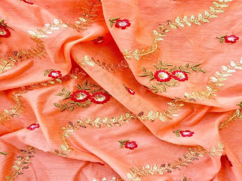 Orange Floral Design Chanderi Silk Fabric