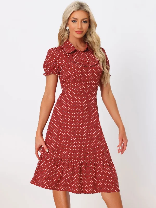 Heart Print Lapel Collar Puff Short Sleeves Vintage Ruffled Dress