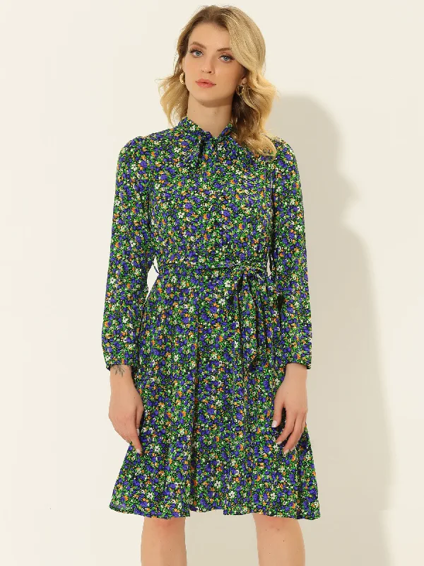 Tie Neck Chiffon Long Sleeve Belted Vintage Floral Dress