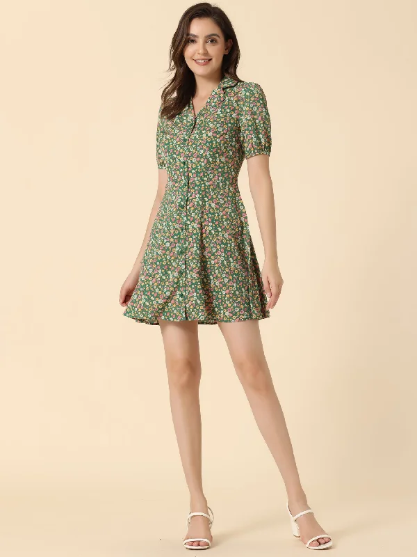 Button Up Short Sleeve A-Line Chiffon Vintage Floral Shirt Dress