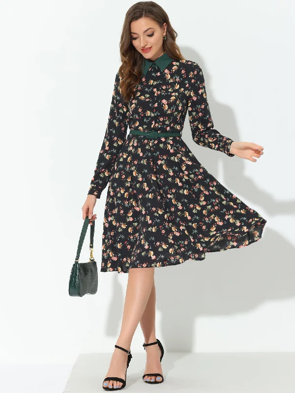 Floral Contrast Collar Belted Long Sleeve Retro Work Office Dress