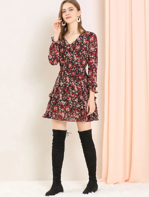 Long Sleeve V Neck Elastic Waist Ruffle Hem Chiffon Floral Dress