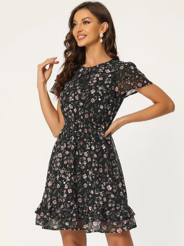 Ruffle Sleeve V Neck Above Knee A-Line Floral Chiffon Dress