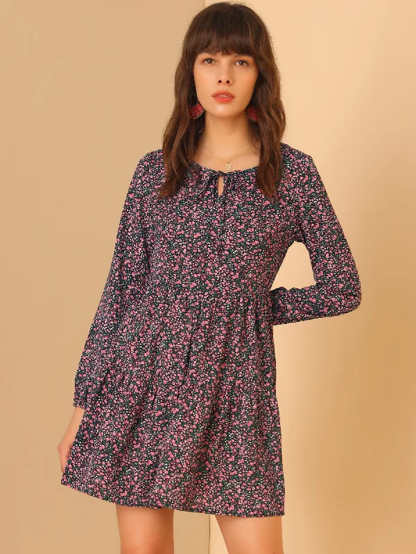 Floral Print Tiered Lightweight Flowy Long Sleeve Dress