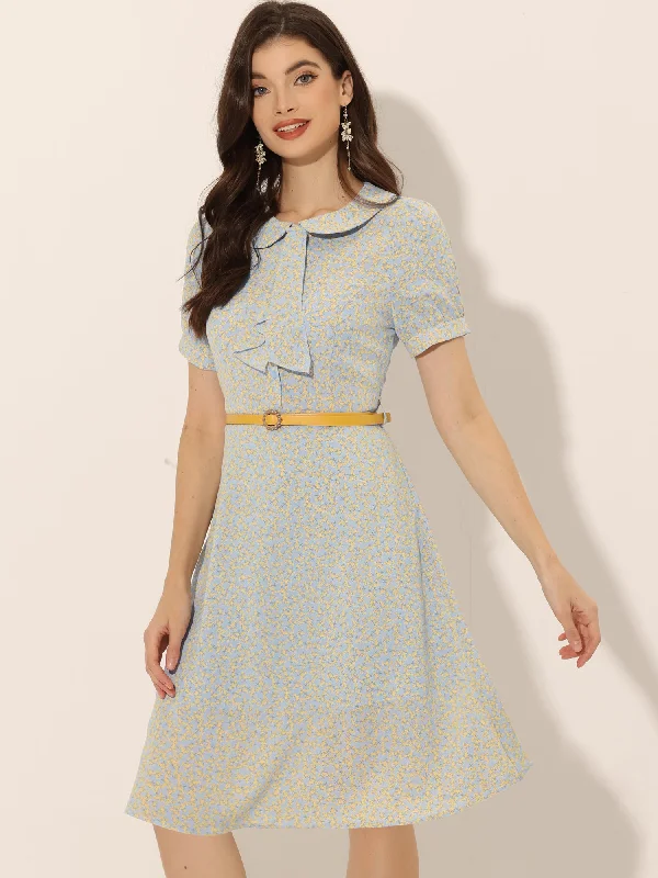 Peter Pan Collar Tie Neck Short Sleeve A-Line Belted Floral Dress