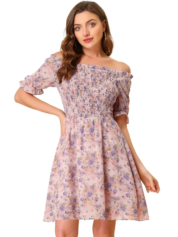 Summer Square Neck Off Shoulder A-Line Smocked Chiffon Floral Dress