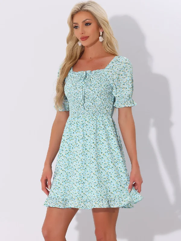 Puff Sleeve Square Neck Ruffled Hem Floral Smocked Dress