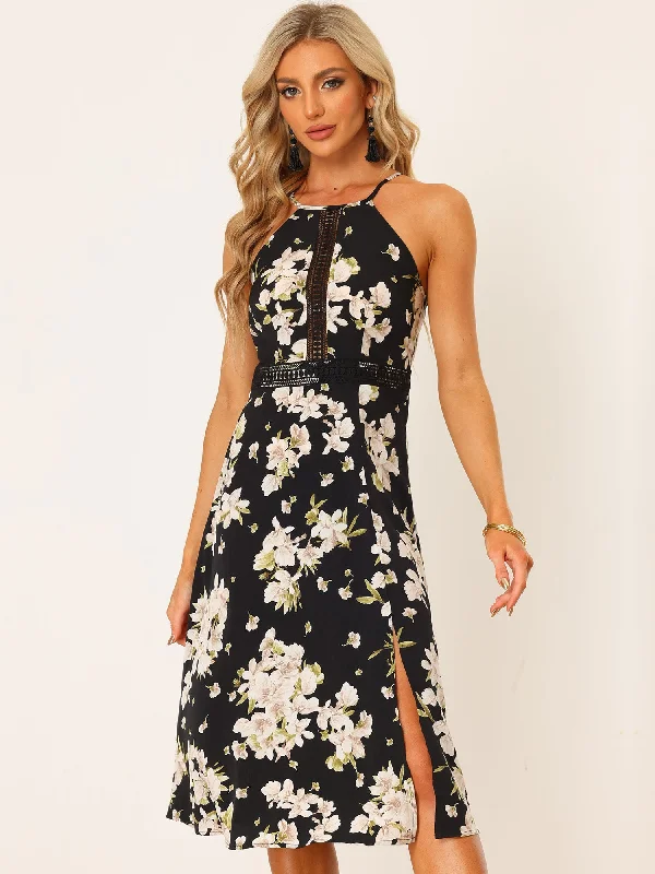 Halter Neck Split Sleeveless Floral Print Summer Boho Dress Sundress