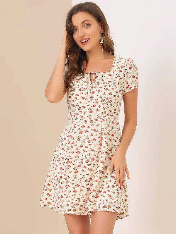 Printed Casual Square Neck Short Sleeve Fit and Flare Dress