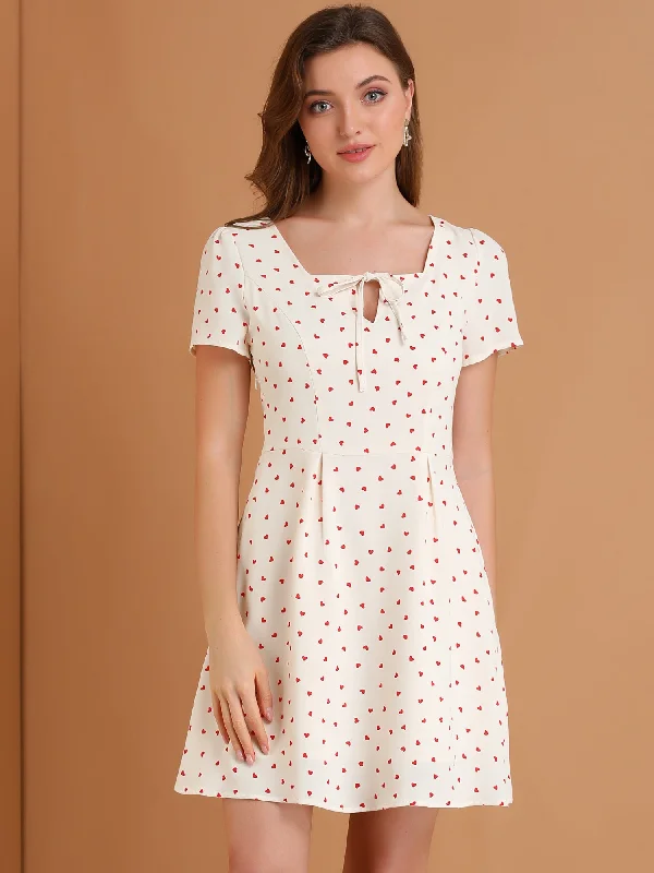 Printed Casual Square Neck Short Sleeve Fit and Flare Dress