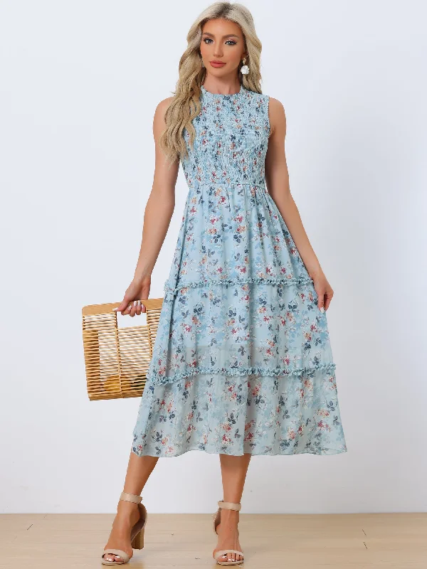 Sleeveless Floral Ruffles Crew Neck Chiffon Smocked Dress Sundress