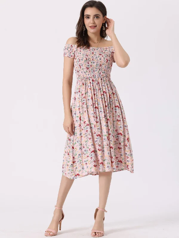 Off Shoulder Summer Short Sleeve Floral Smocked Dress