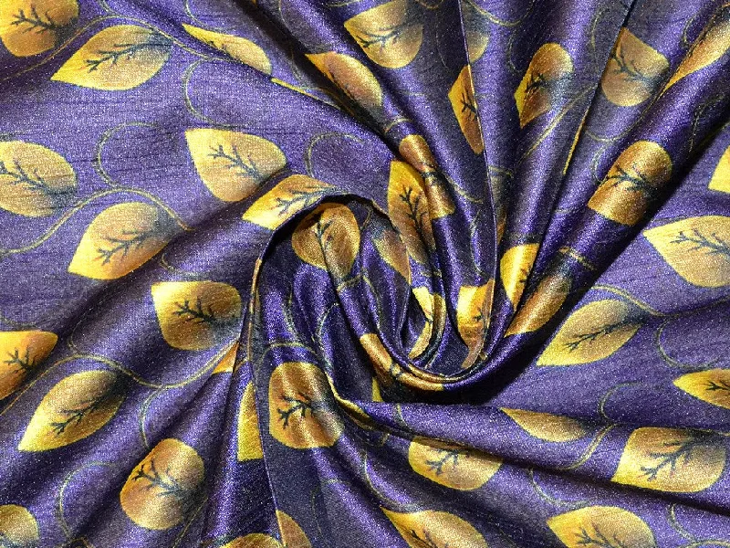 Purple Leaves Poly Silk Digitally Printed Fabric