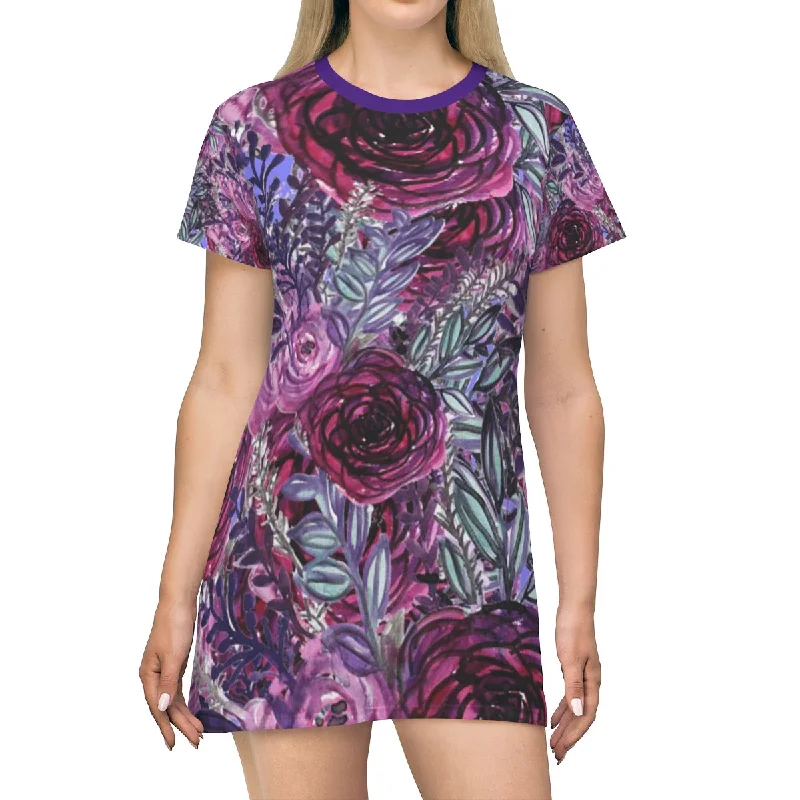 Purple Pink T-Shirt Dress, Rose Floral Print Women's Long T-Shirt Dress- Made in USA(US Size:XS-2XL)