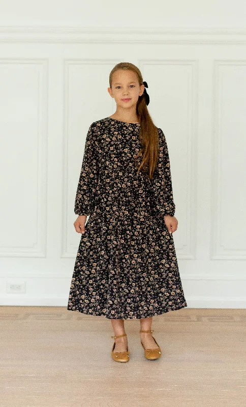 'Ramona' Girl Long Sleeve Floral Dress in Dark Navy