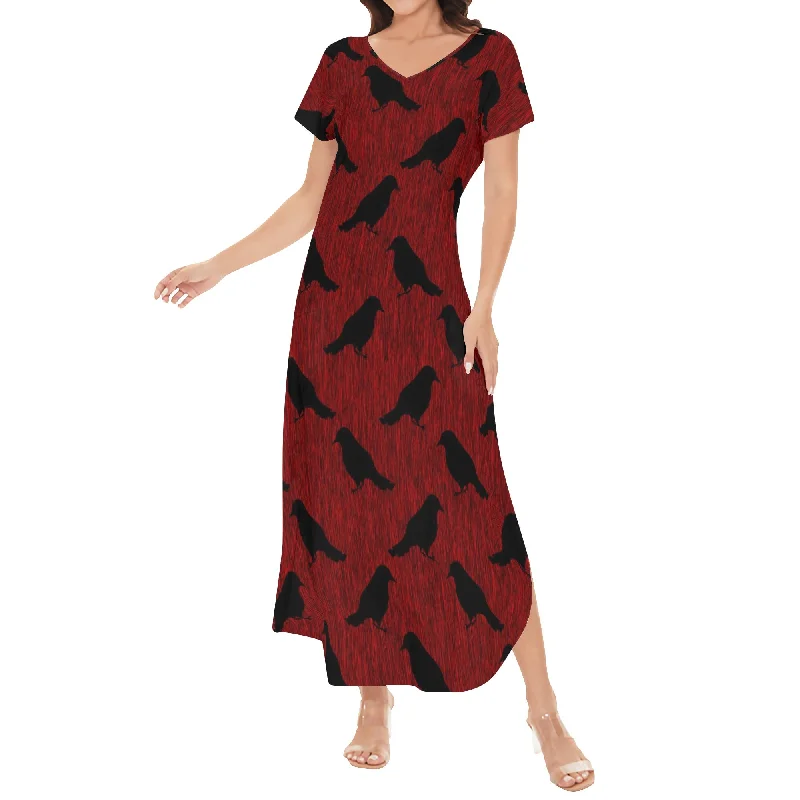 Ravens Pattern Womens Short Sleeve Long Draped Dress