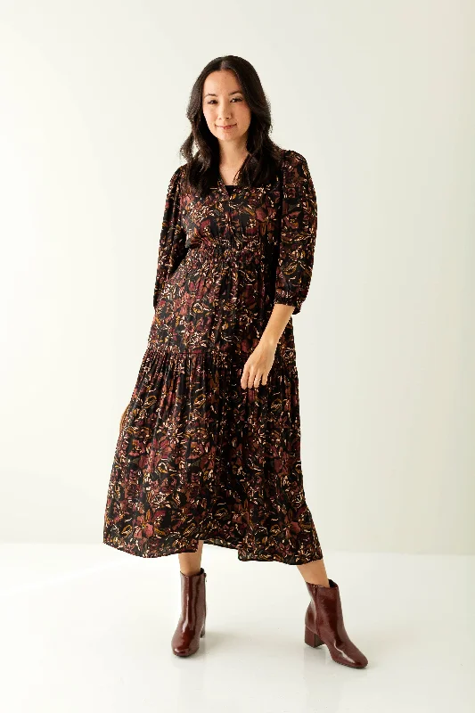 'Sunila' Muted Satin Quarter Sleeve Floral Print Dress in Black