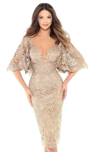 Tarik Ediz - 93740 Floral Lace Bat Sleeve Illusion Plunging Neck Sheath Dress - 2 pcs Gold In Sizes 4 and 10 Available