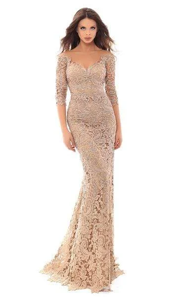 Tarik Ediz - Floral Lace Illusion Neck Sheath Dress With Train 93675 - 1 pc Gold In Size 10 Available