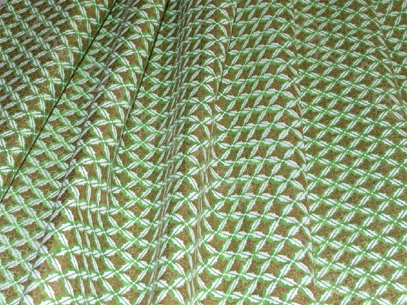 White and Gold Floral on Green Base Polyester Chanderi Fabric