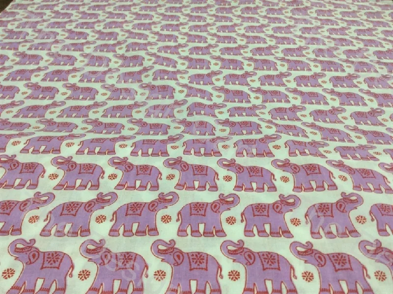 White Purple Elephant Printed Cotton Fabric