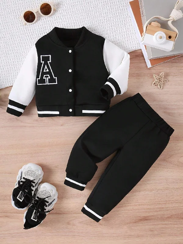 SHEIN Baby Boy Fashion Casual Letter Baseball Jacket Set