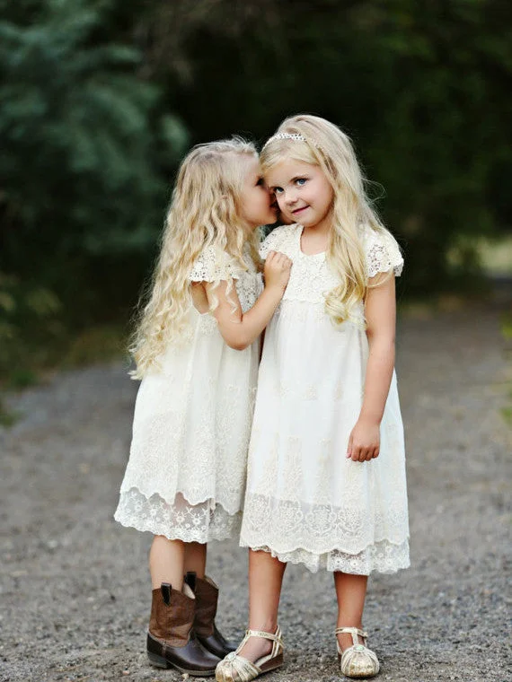 Flower Girl Dresses Knee-length Lace Ivory Hand-Made Flower JKF016