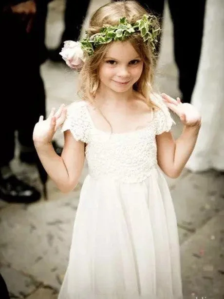 Flower Girl Dresses Long A-line Lace Ivory Bowknot Chiffon JKF034