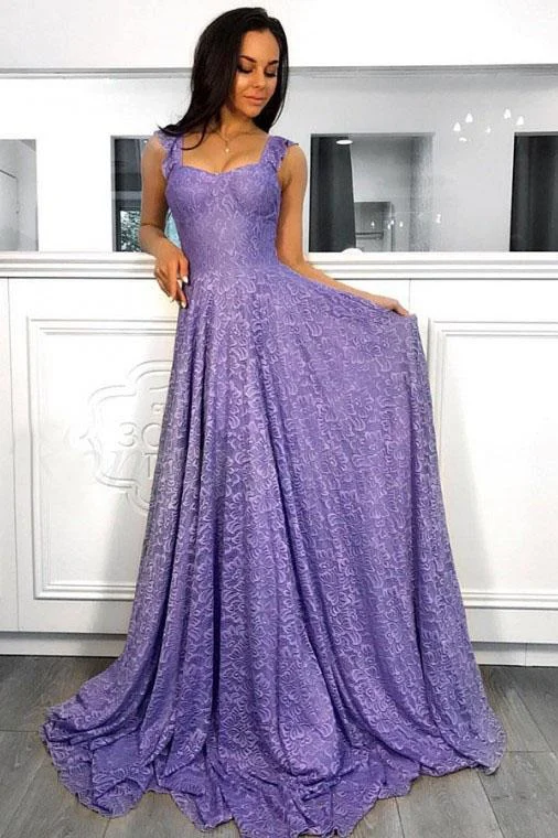 A-Line Straps Sleeveless Sweep Train Lavender Lace Prom Dress JKN4103